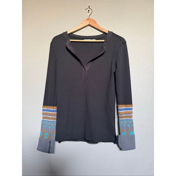 We The Free Mikah Notch Neck Top – Waffle Knit Henley w/ Patterned Sleeves – Siz - Picture 6 of 11